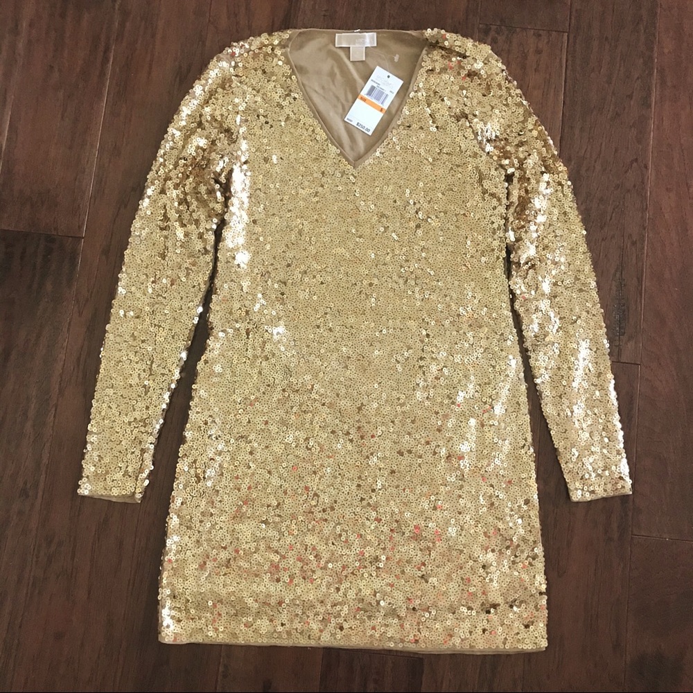 Michael Kors MK Gold Sequin Dress Long Sleeve Mini
